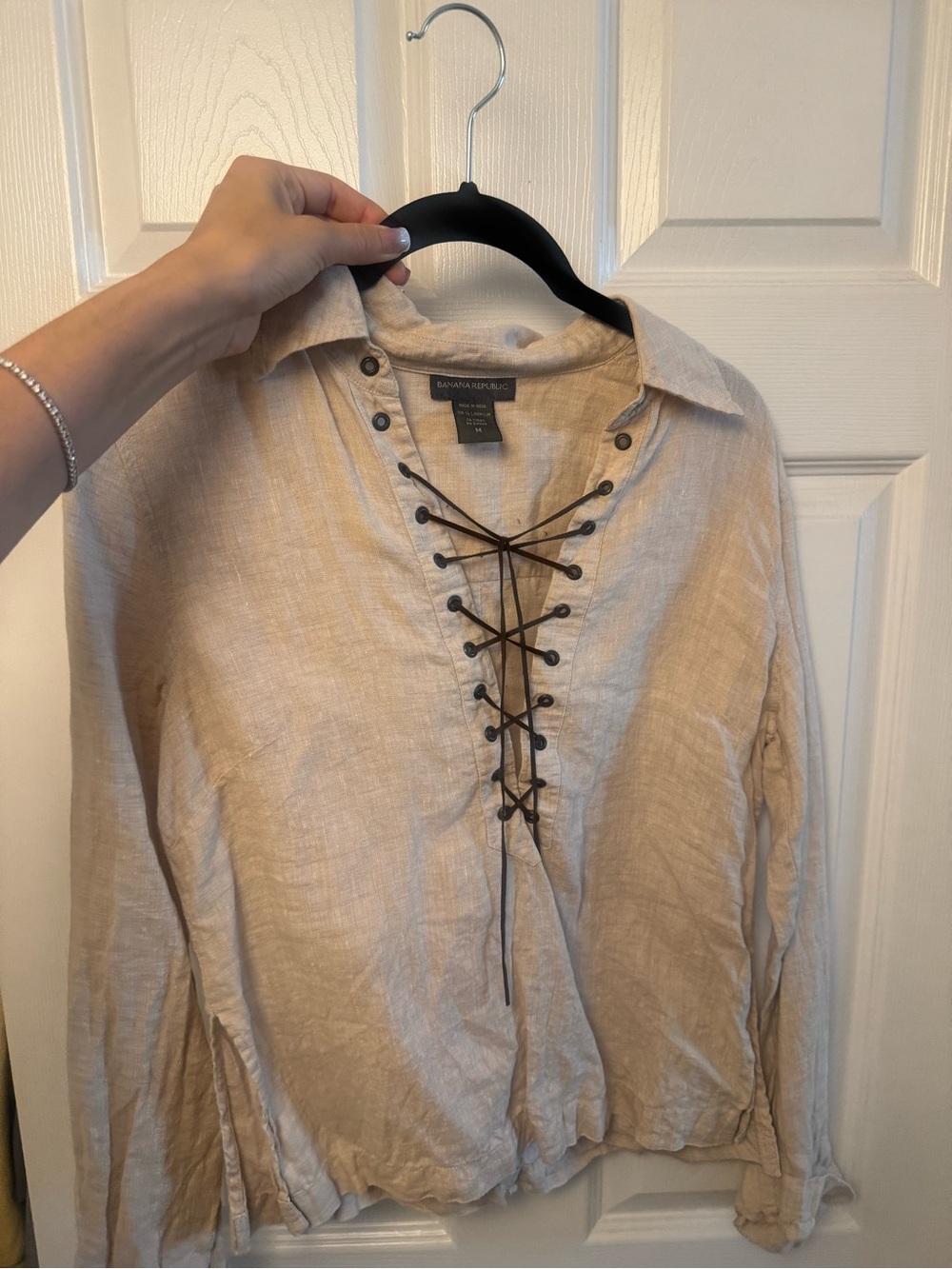 Banana Republic Woman’s Beige Linen Lace-Up Button-Down Shirt